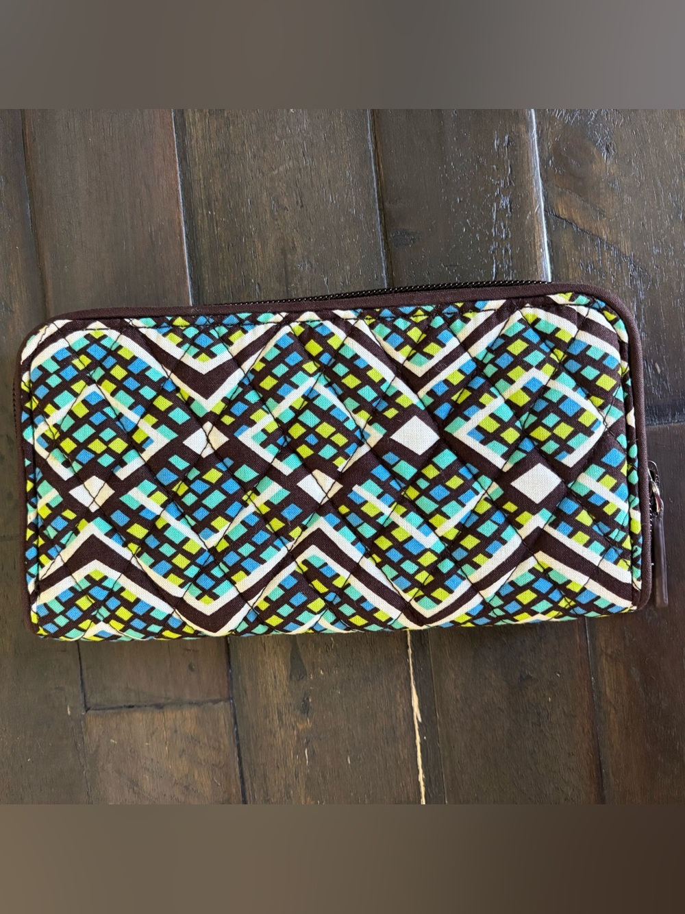 Vera Bradley Quilted Geometric Zip Wallet in Brown, Aqua & Lime